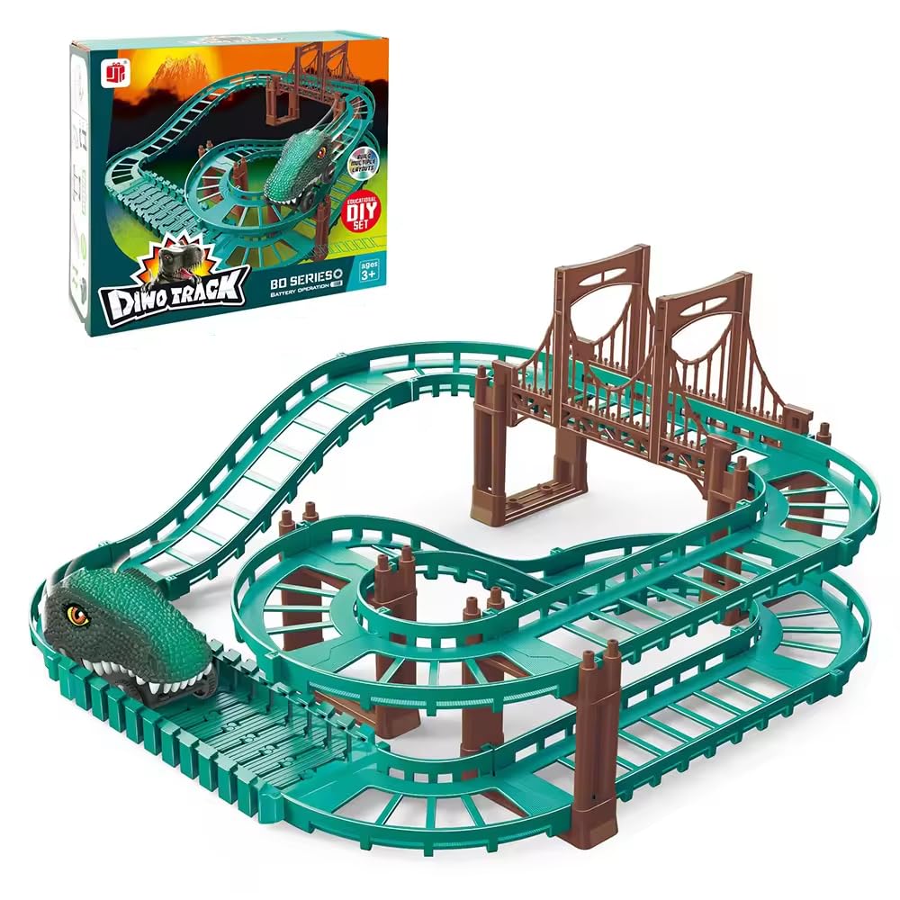 Dino Track Playset with Curved Track Rail, Offers Educational Fun and Excitement, Perfect for Kids (Multicolor)