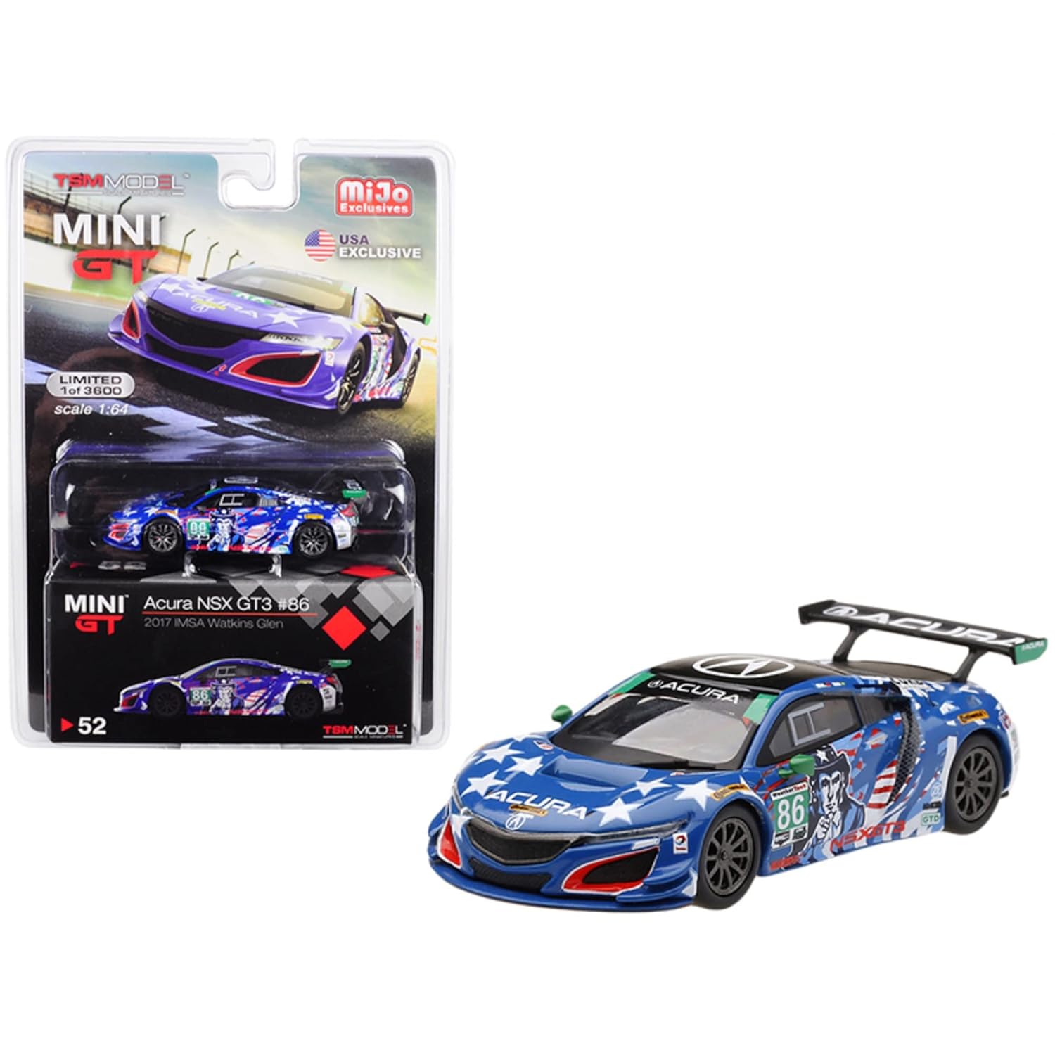 MINI GT Imported Edition - Acura NSX GT3 #86 - 2017 IMSA Watkins Glen- #52- Blister Pack