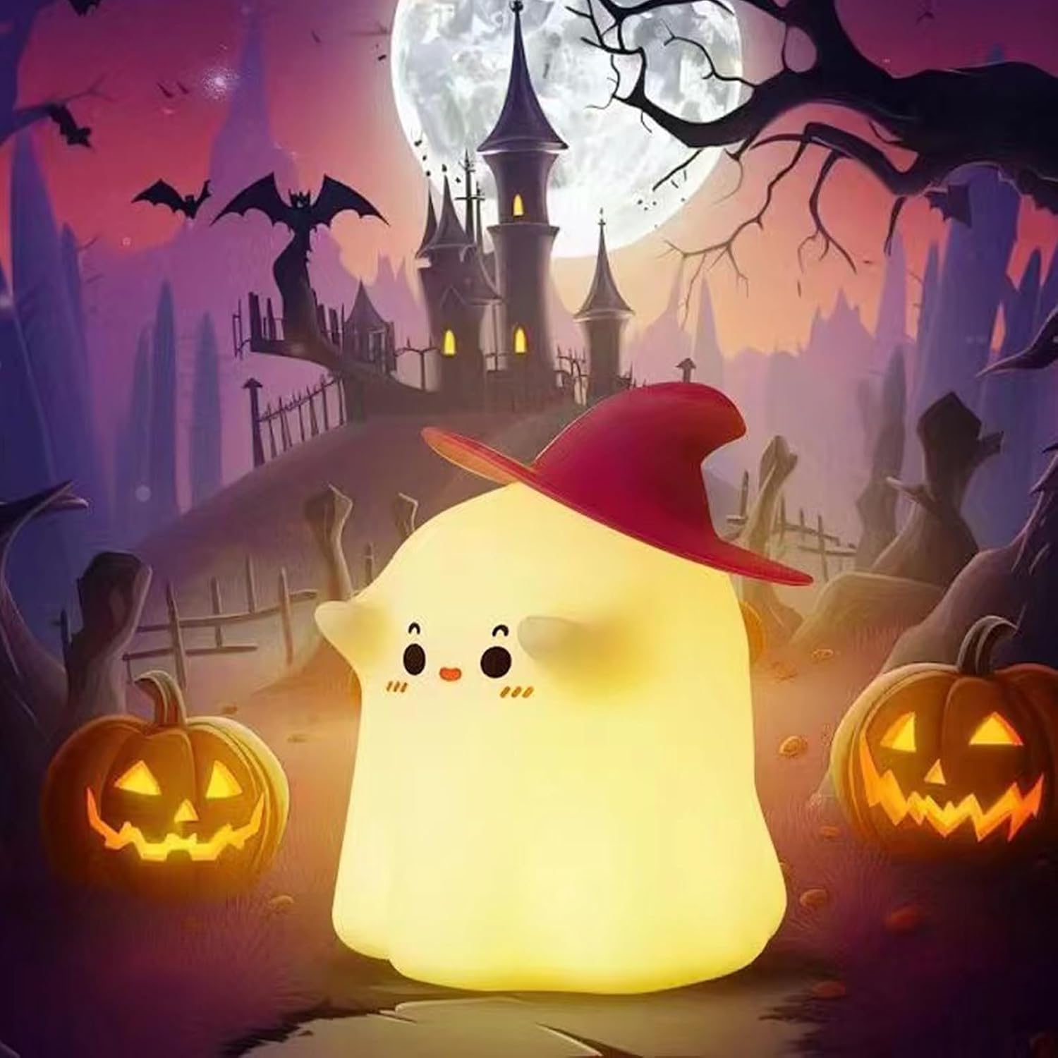 Halloween Ghost Night Light Squishy Silicone | 3-Level Dimmable LED Rechargeable Touch Lamp with Timer Function for Bedroom & Office