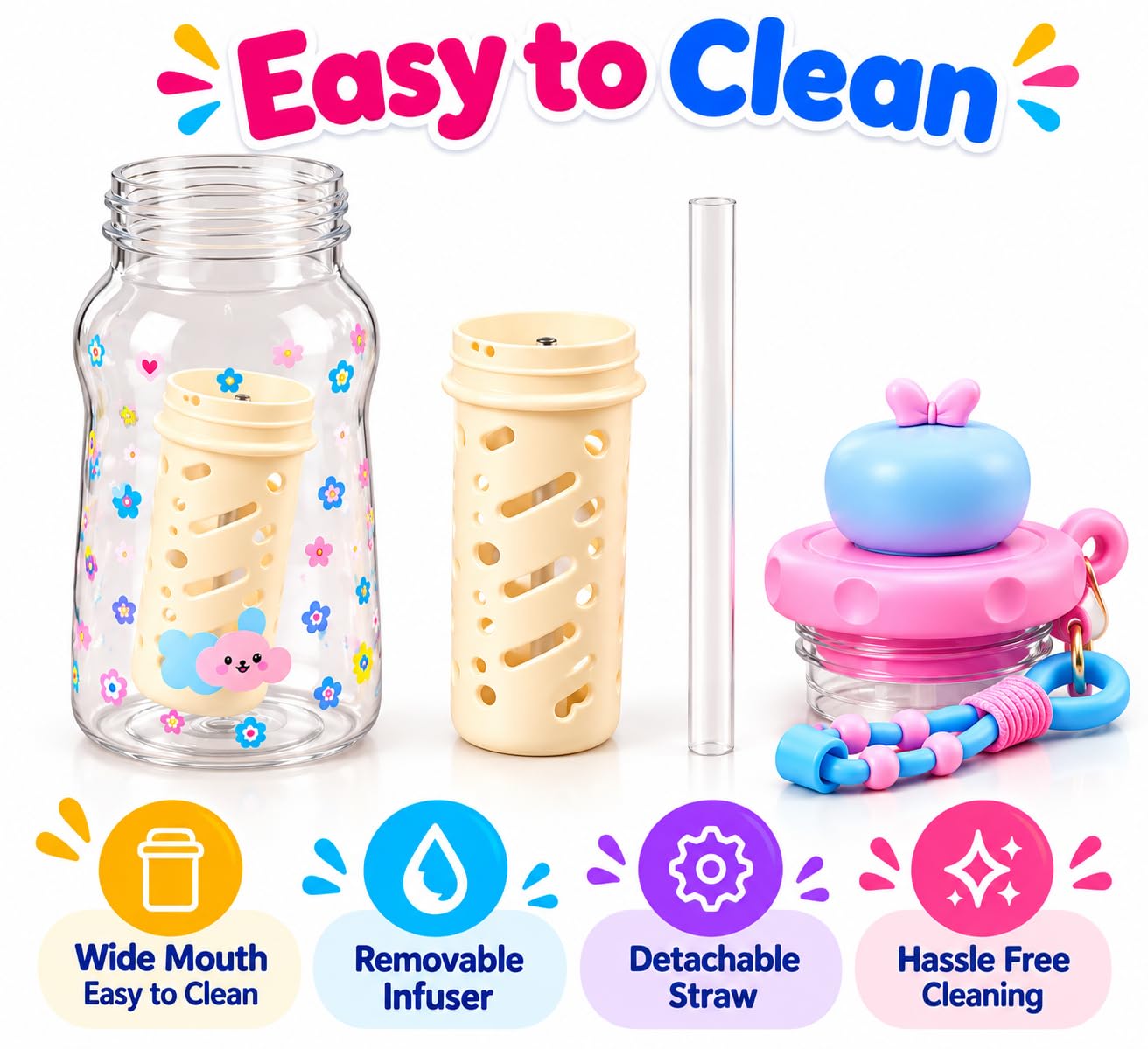 Kids Plastic Water Bottle 480ml with Straw & Removable Fruit Infuser – Cute Sipper Bottle with Carry Strap | Assorted