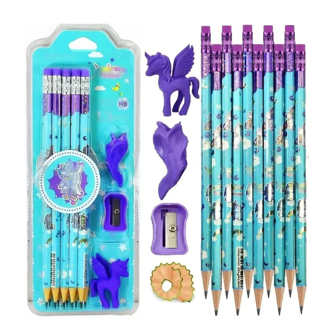 Unicorn Dream Stationery Set for Kids & Students – Includes 10 Pencils, 1 Sharpener, 1 Eraser, 1 Pencil Grip