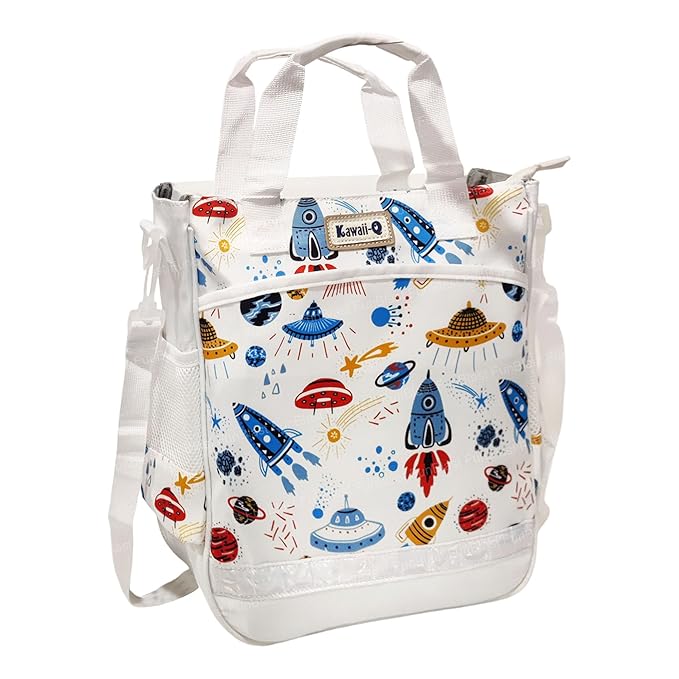 Kawaii-Q Space Print Colorful Multi-Purpose Hand Bag – Lunch Bag, Tuition Bag, Fashion Travel Bag with Handle Strap, Water-Proof Reusable Bag