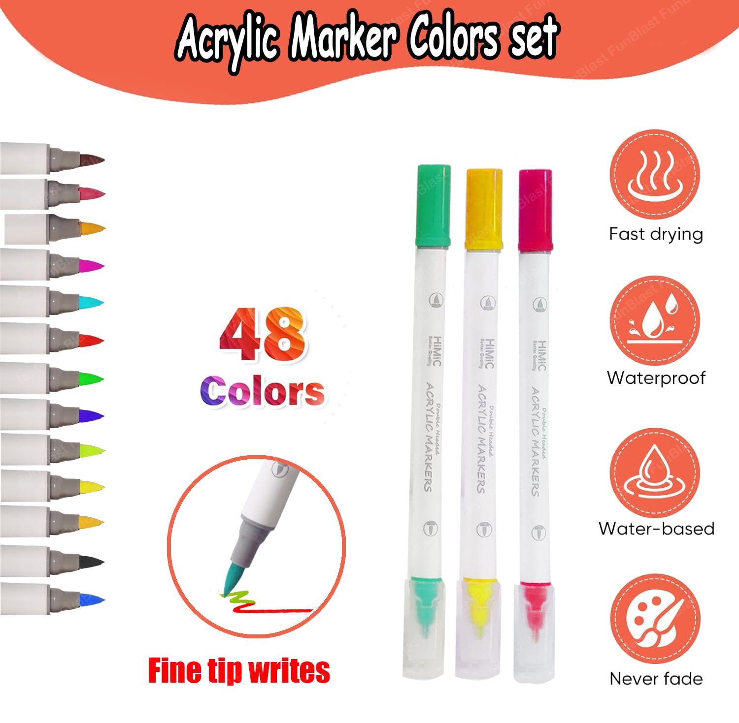 Double-Head Acrylic Marker Pens, Water-Based Non-Toxic Ink, Quick Drying Colorful Highlighter Pens for Multipurpose, Stationery Items for Kids - 48 Shades