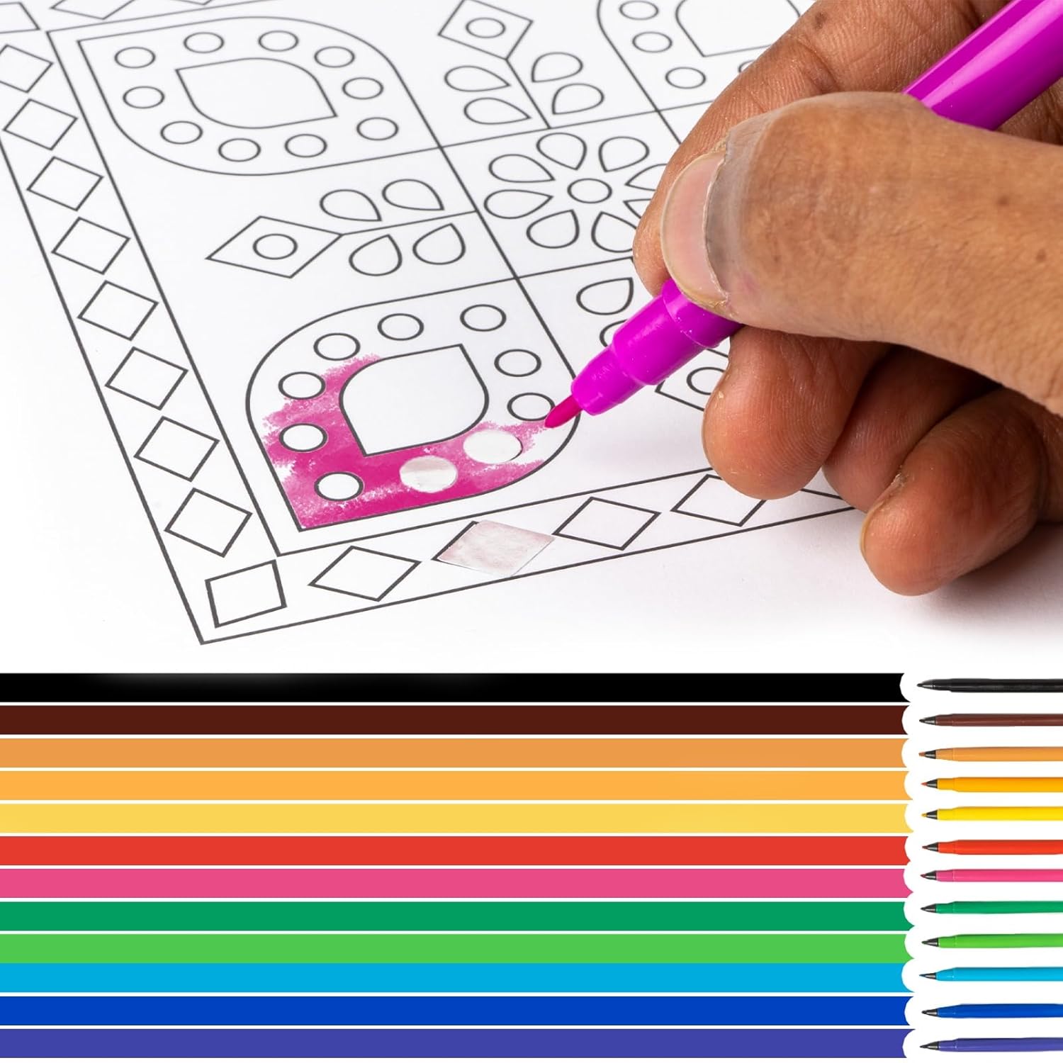 Ratna's Bharat Art Coloring Kit - 12 Sheets (18.75 x 22.25 cm) with 12 Sketch Pens, 2 Hanging Frames & 130+ Silver Stickers - Multicolor