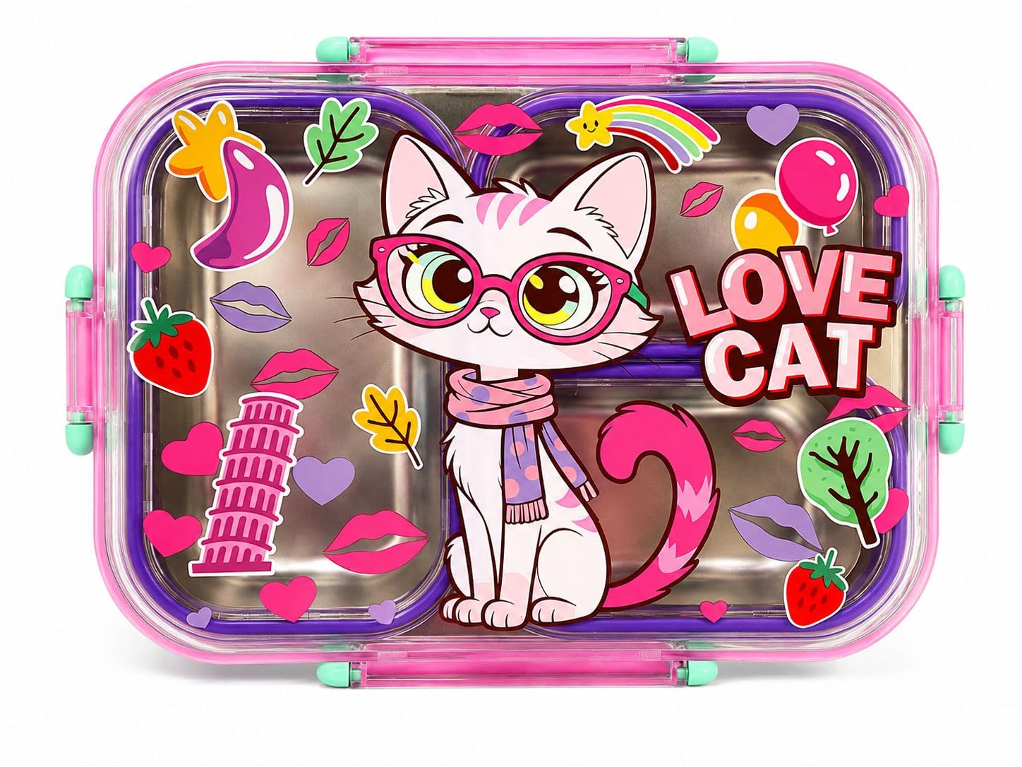 Kids Bento Lunch Box, 3 Compartment Stainless Steel Container, Leakproof Design, 750ml Capacity with Spoon | Assorted