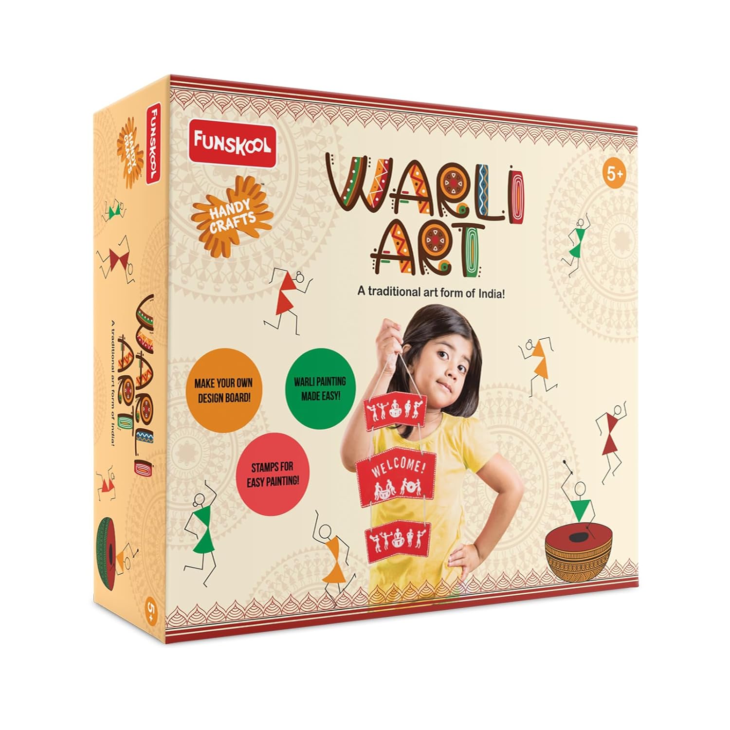 Funskool Handycrafts Warli Art, Paint & Stamp Warli Design Wall Hanging, Arts and Craft Kit, DIY Kit for Kids