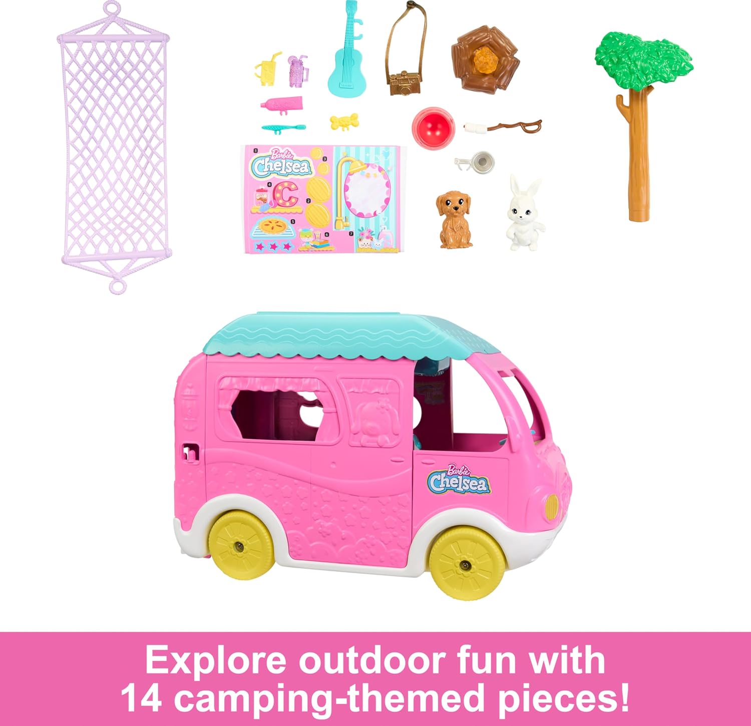 Barbie Camper, Chelsea™ 2-in-1 Playset with Small Doll, 2 Pets & 15 Accessories, Vehicle Transforms into Camp Site