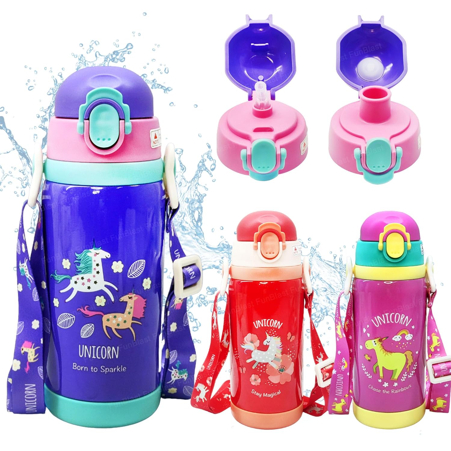 Unicorn Theme Hot & Cold Water Bottle for Kids – Double Walled Thermos Flask Vacuum Insulated Stainless Steel Bottle – Dual Cap Bottle with Straw & Wide Mouth Cap (450 ML)