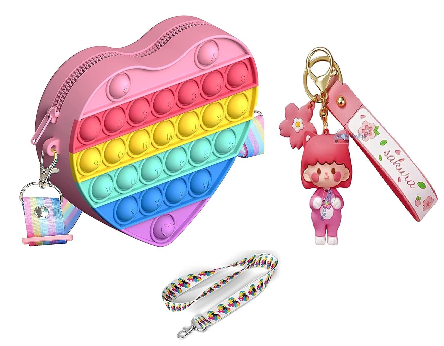 Pop It Sling Bag – Heart Shape Pop It Cross Body Bag for Kids, Pop It Purse for Girls, Birthday Gift for Girls, Toys for Girls, Pop It Game, Pouch for Girls (Set 1, Multicolor)