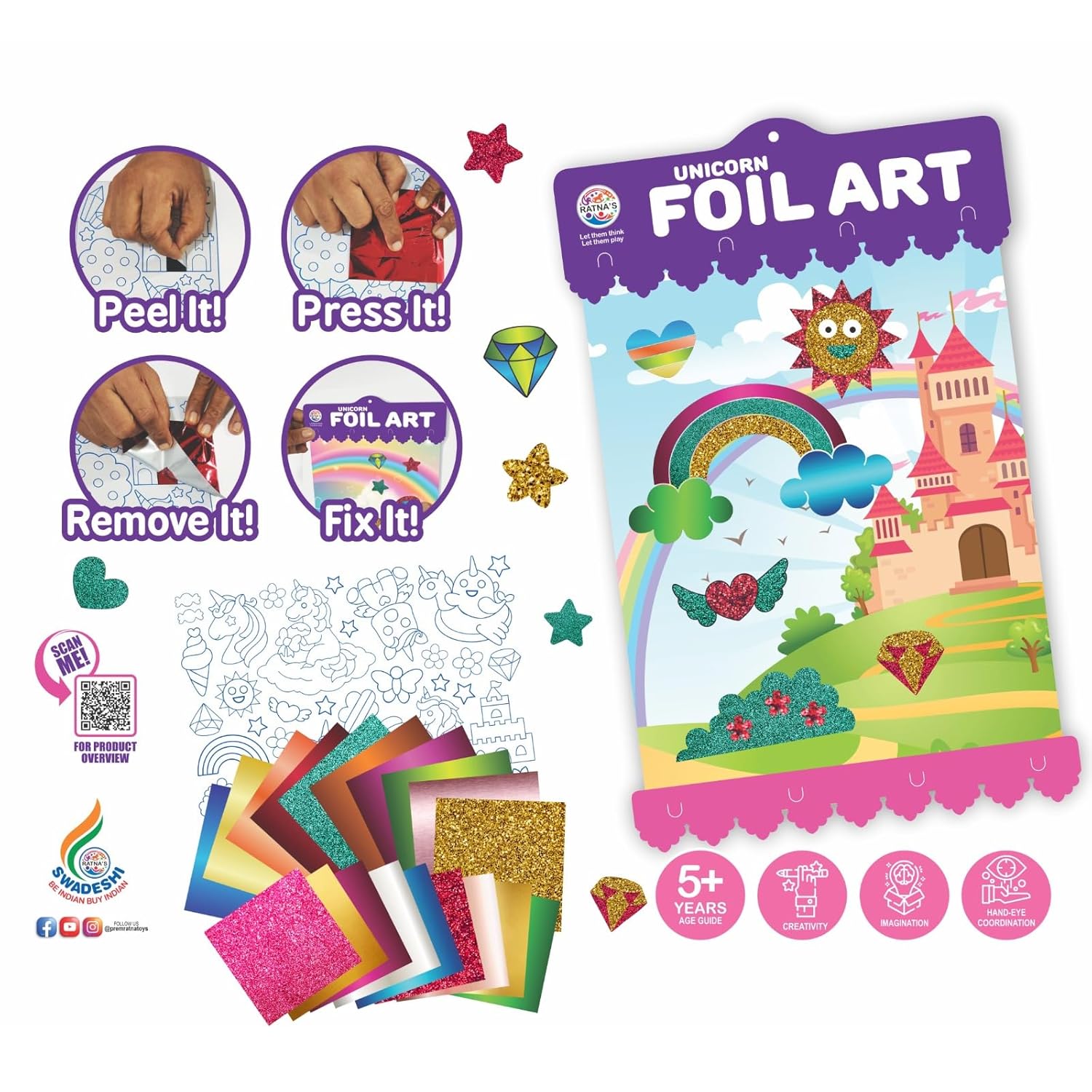 Ratnas Unicorn Foil Art DIY Creative Activity Kit, STEAM Powered Art & Craft Activity - Foil Fun Craft Kits & Supplies for Kids