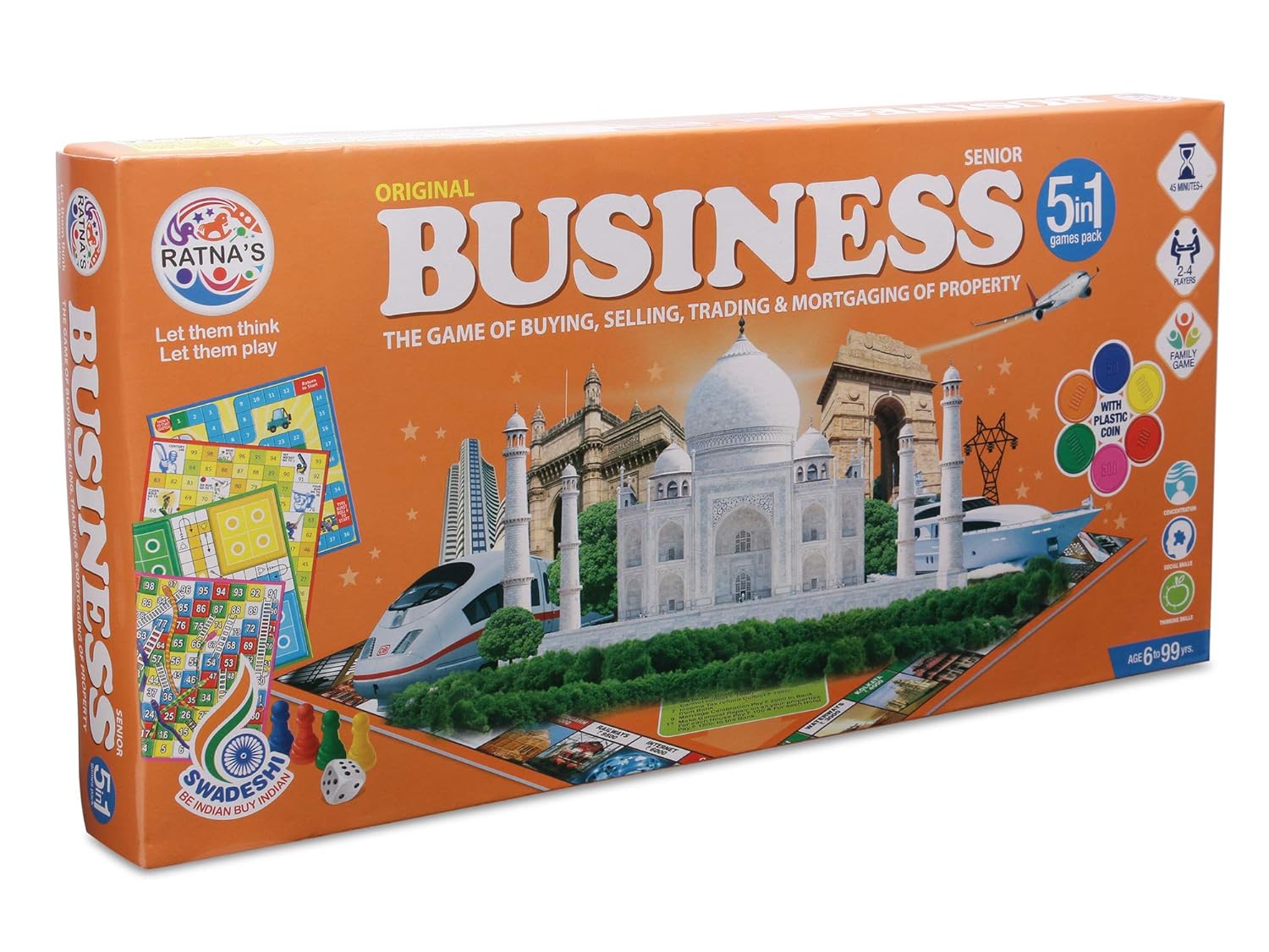 Ratna's 5 in 1 Business Senior Game with Plastic Coins Along with Other Board Games Multicolour For Kids and Adults