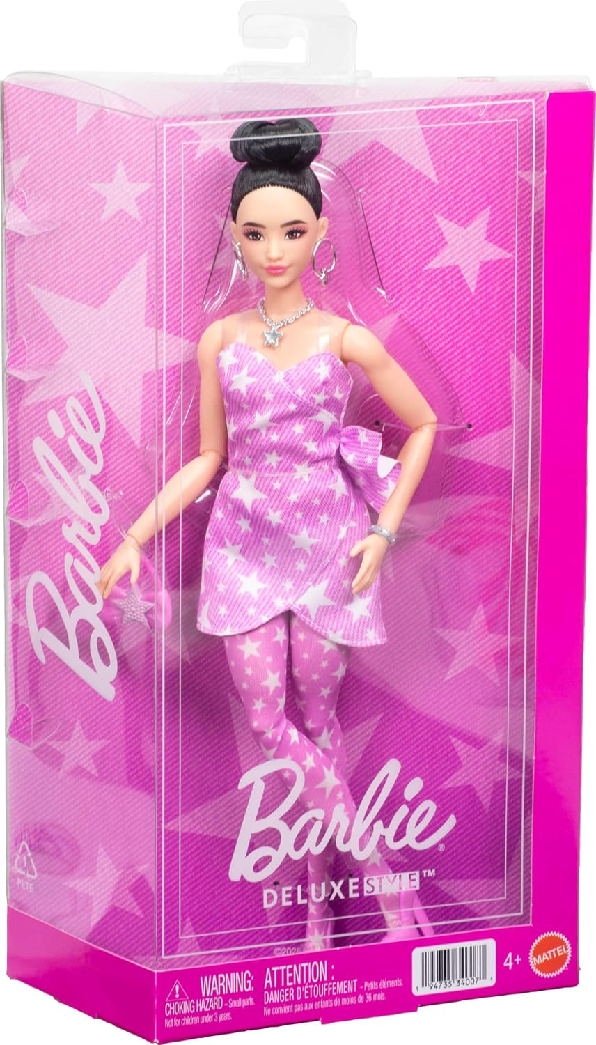 Barbie Deluxe Style Doll #11 in Pink Denim Dress with Printed Stars and Matching Tights Black Hair Tied High Knot