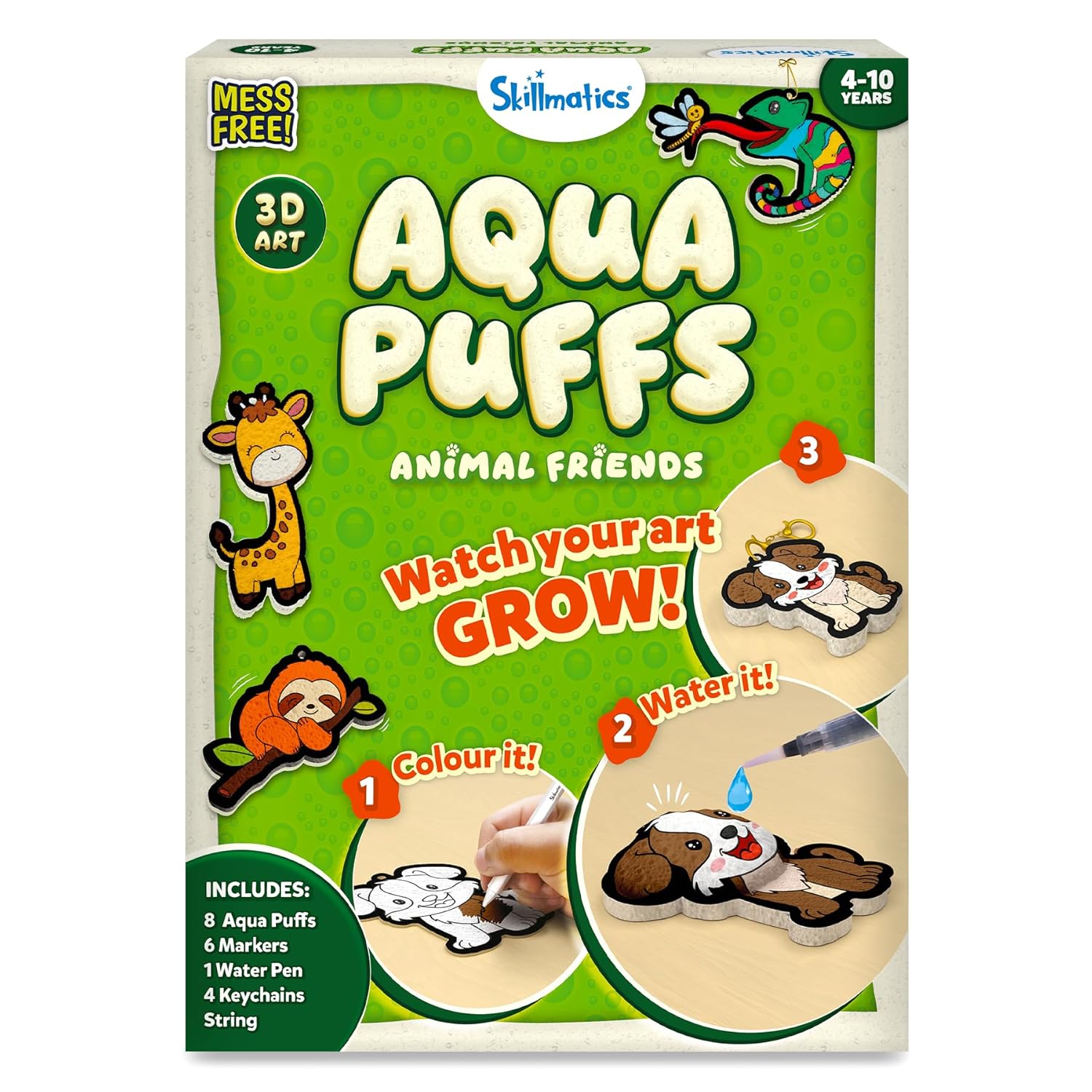 Skillmatics 3D Art Kit - Aqua Puffs Animals, Mess-Free Painting Craft for Kids, DIY Colour & Inflate Activity, Travel Toys & Creative Gifts for Girls & Boys