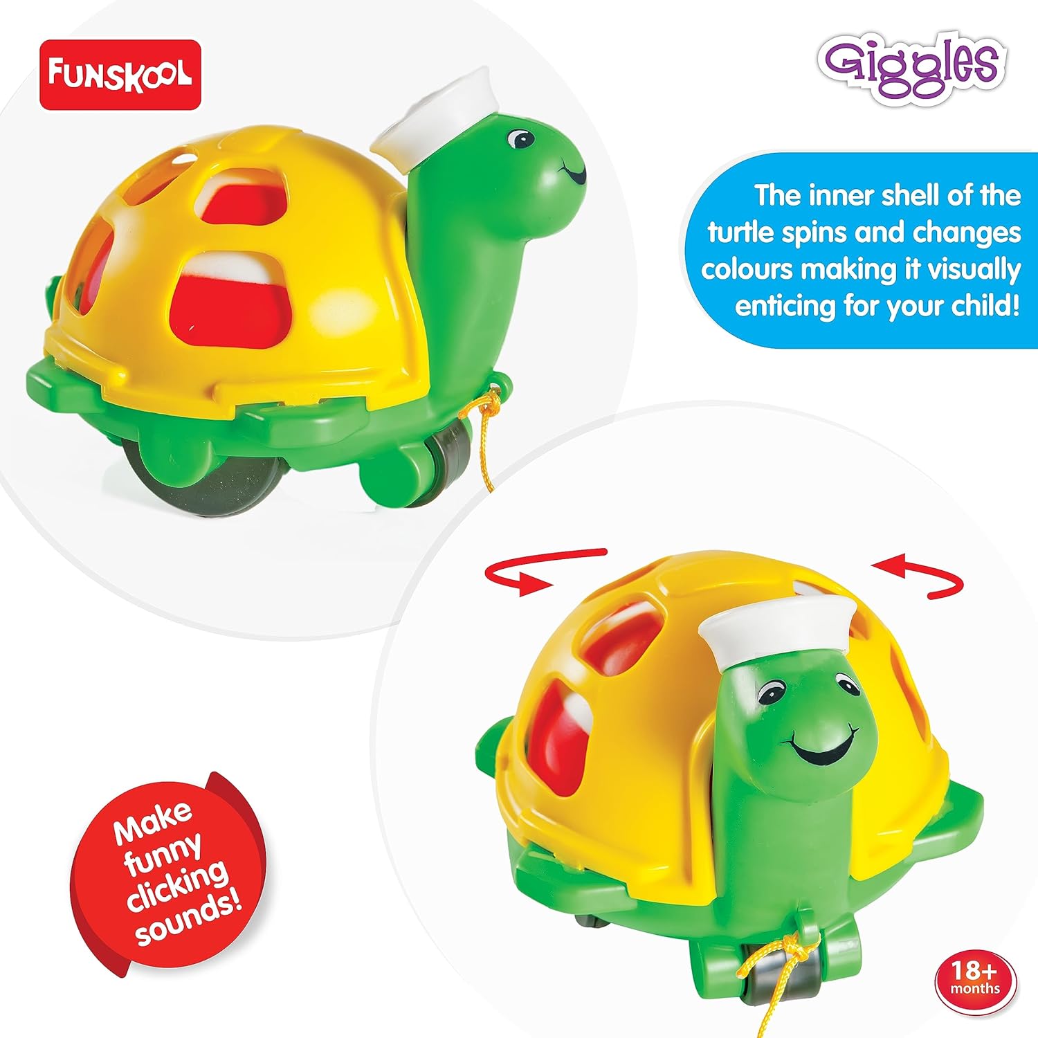 Funskool Giggles - Twirlly Whirlly Turtle, Pull String Toy, Turtle Toy, Toys for Kids