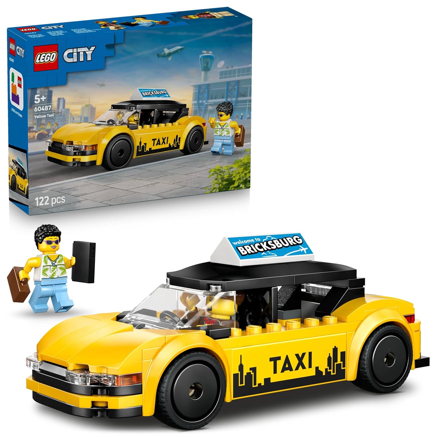 LEGO City Yellow Taxi - Model Car Kit with 2 Minifigures - Iconic Taxi Car Toy - 60487