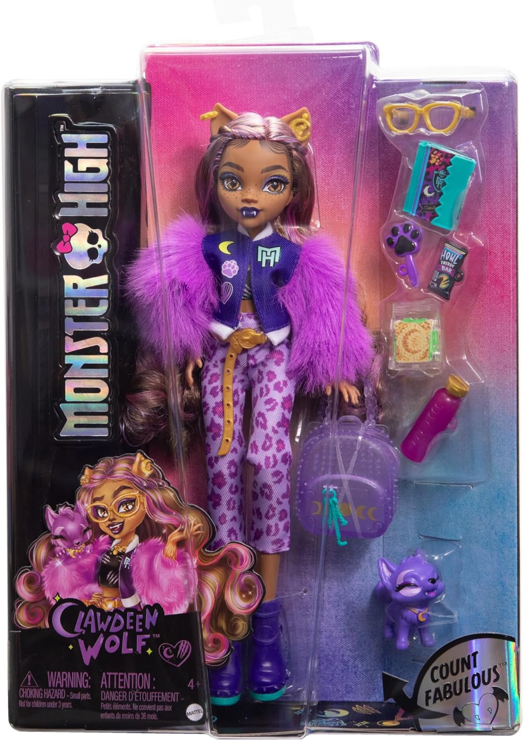 Monster High Clawdeen Wolf Doll with Pet Dog Crescent and Accessories Like Backpack, Planner, Snacks and More