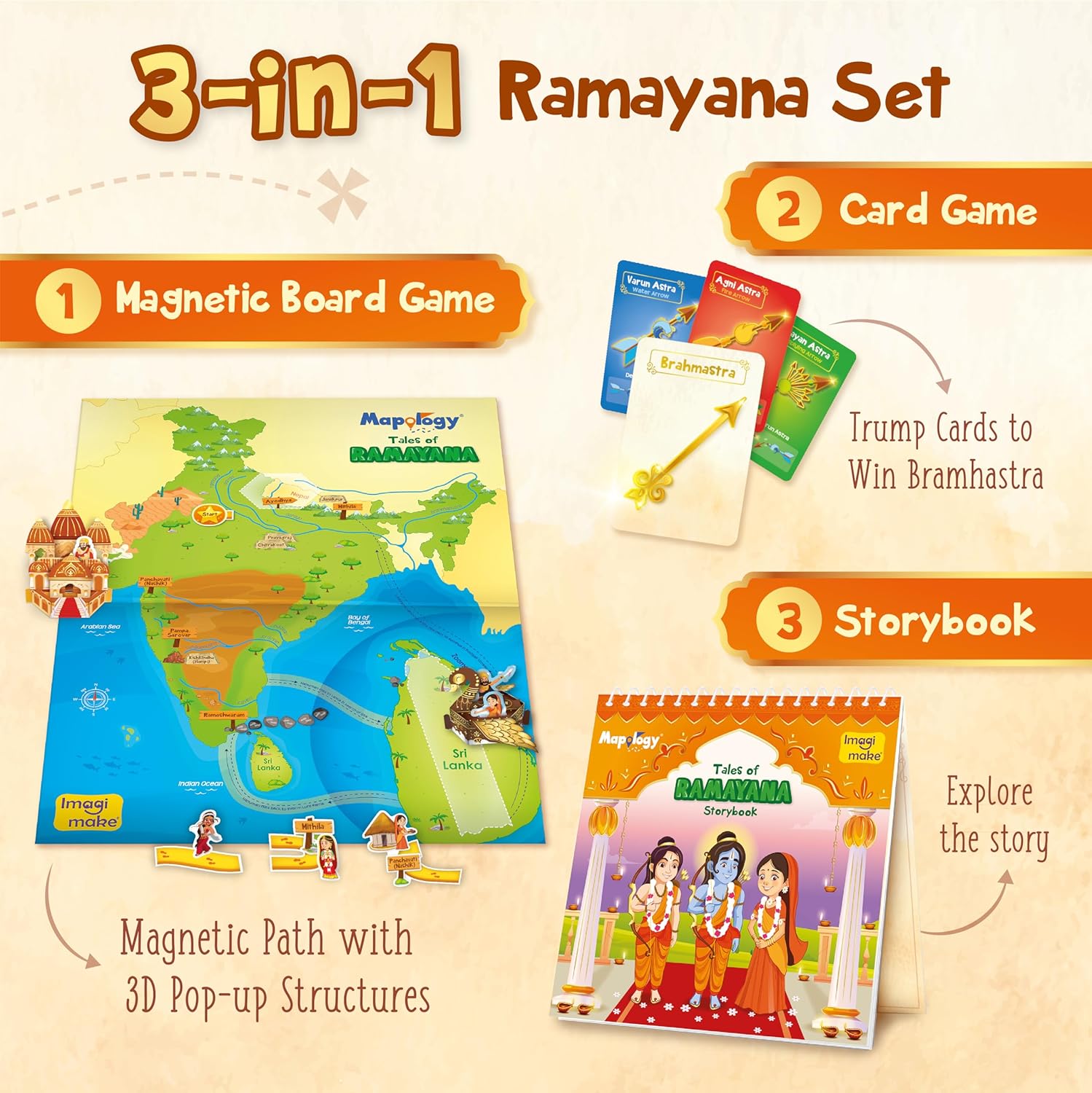 Imagimake Mapology Tales of Ramayana | 3-in-1 Fun Family Board Game | Magnetic Path Puzzle | Ramayana Storybook | Trump Cards | Gifts for Kids (Age 8-12)