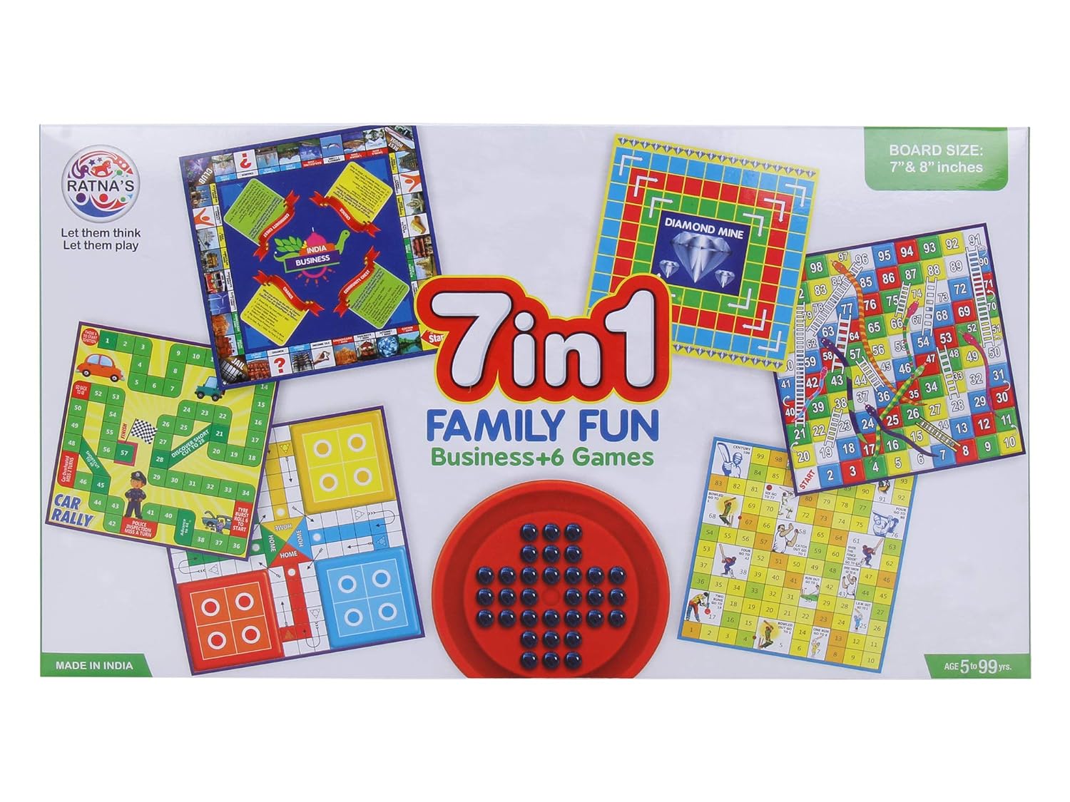 Ratna 7 in 1 Family Board Game (Brainvita,Ludo, Snakes and Ladders, Business, Car Rally, Diamond Mine, Cricket) For Kids