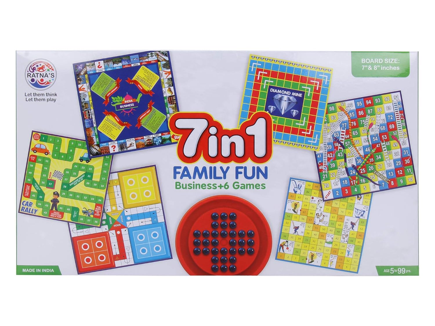 Ratna's 7 in 1 Family Board Game, Ludo, Snakes & Ladders, Business, Car Rally, Diamond Mine, Cricket