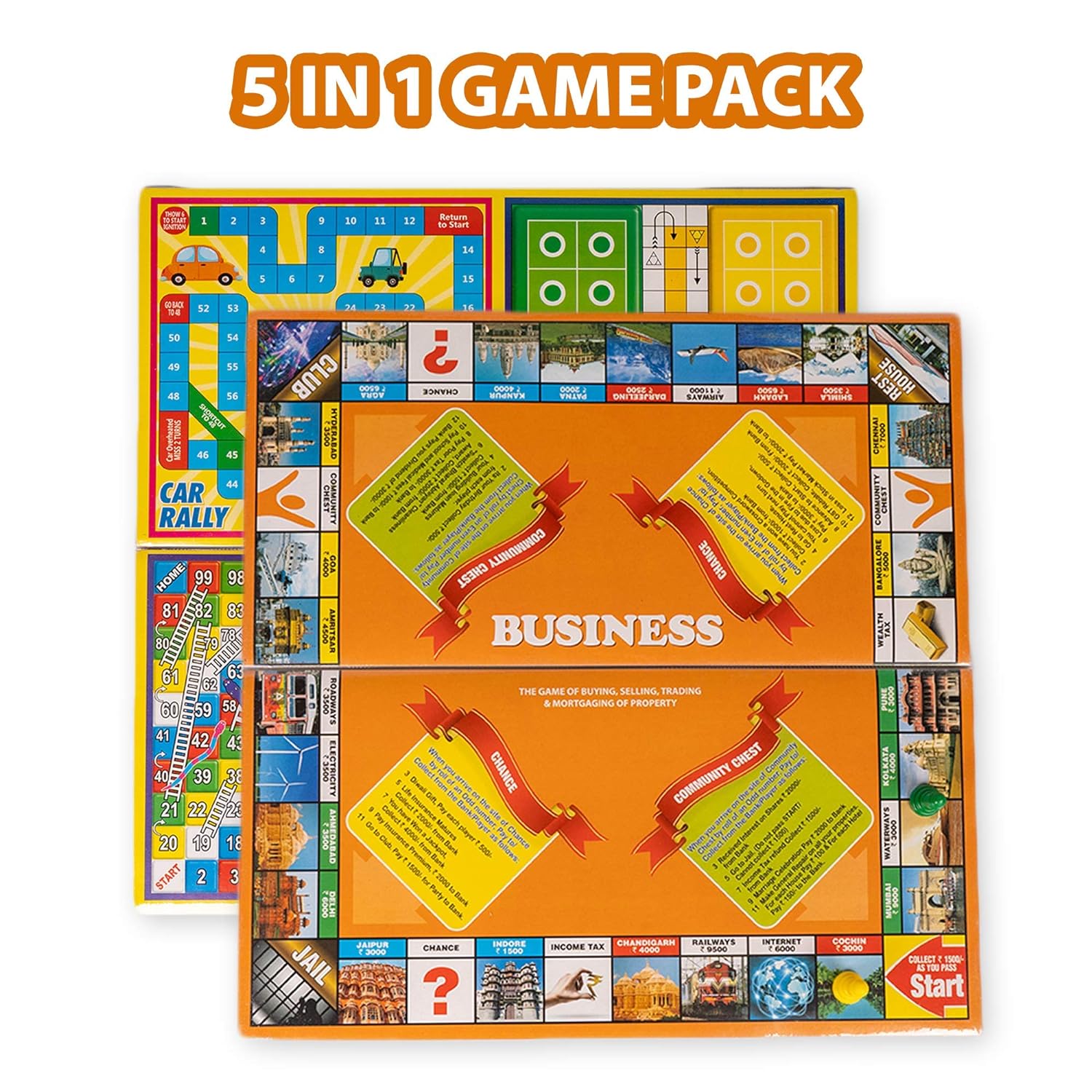 Ratna's 5 in 1 Business Senior Game with Plastic Coins Along with Other Board Games Multicolour For Kids and Adults