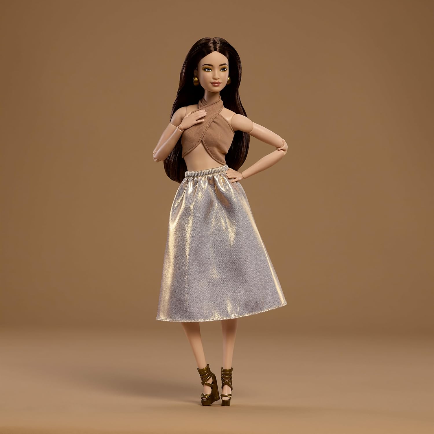Barbie Basics Model Collector Fashion Doll 06 with Brunette Hair, Shimmery Golden Skirt & Halter, Universal-fit Fashions, Posable Body | Shimmery Golden Skirt & Halter, Universal-fit Fashions, Posable Body