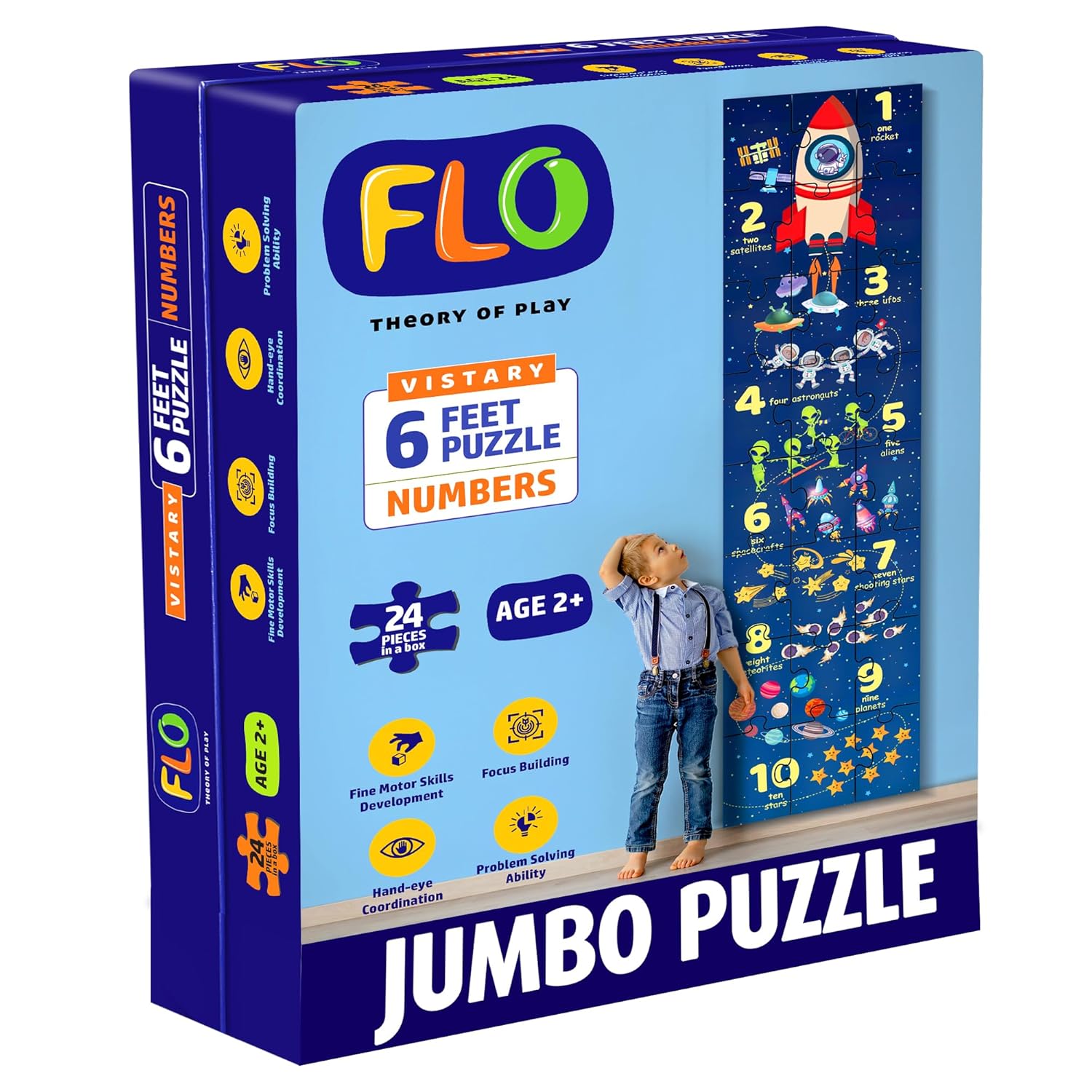 FLO Toys 6 Feet Numbers Floor Puzzle for Kids | 24 Jumbo Pieces | Learn 123 Counting with Space Theme – Astronauts, Planets, Rockets & Stars | Educational Puzzle for Toddlers & Preschoolers Ages 2+