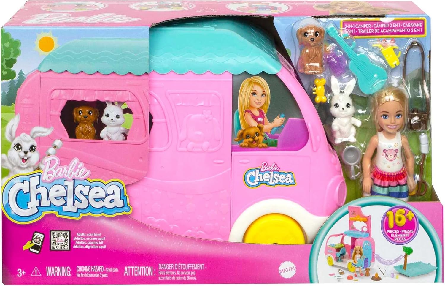 Barbie Camper, Chelsea™ 2-in-1 Playset with Small Doll, 2 Pets & 15 Accessories, Vehicle Transforms into Camp Site