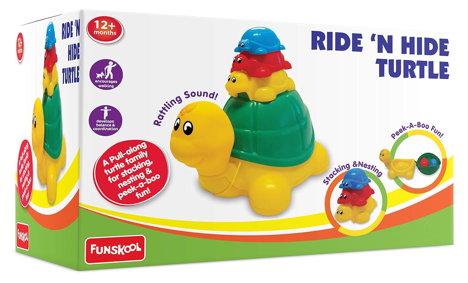 Funskool Giggles - Ride N Hide Turtle, Pull Along Toy, Encourages Walking, Funny Walking Style, 12 Months & Above, Infant and Preschool Toys, Multicolor