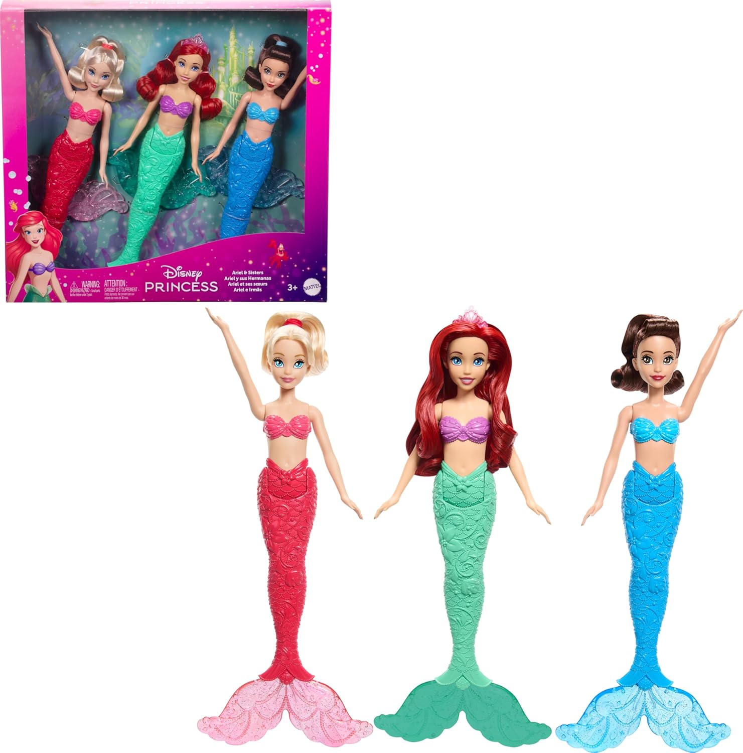 Disney Princess Mattel Ariel Mermaid Fashion Doll & 2 Mermaid Sister Dolls, Posable & with Glitter Fins - Multicolor