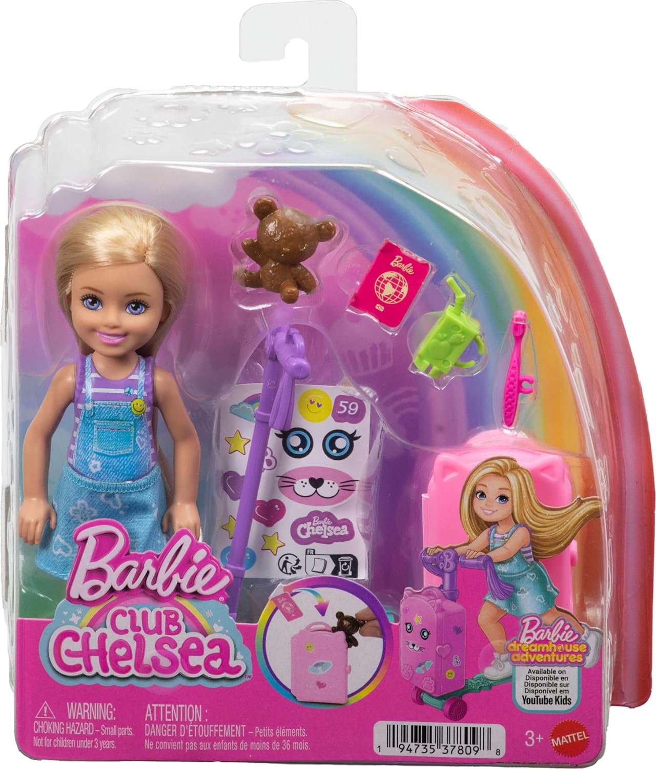 Barbie Chelsea JMJ46 "Limitless Adventure" Series Blonde Doll, Wheeled Scooter with Suitcase and Travel Accessories | Small Doll with Scooter Suitcase, Including Travel-Themed Accessories, Ages 3+