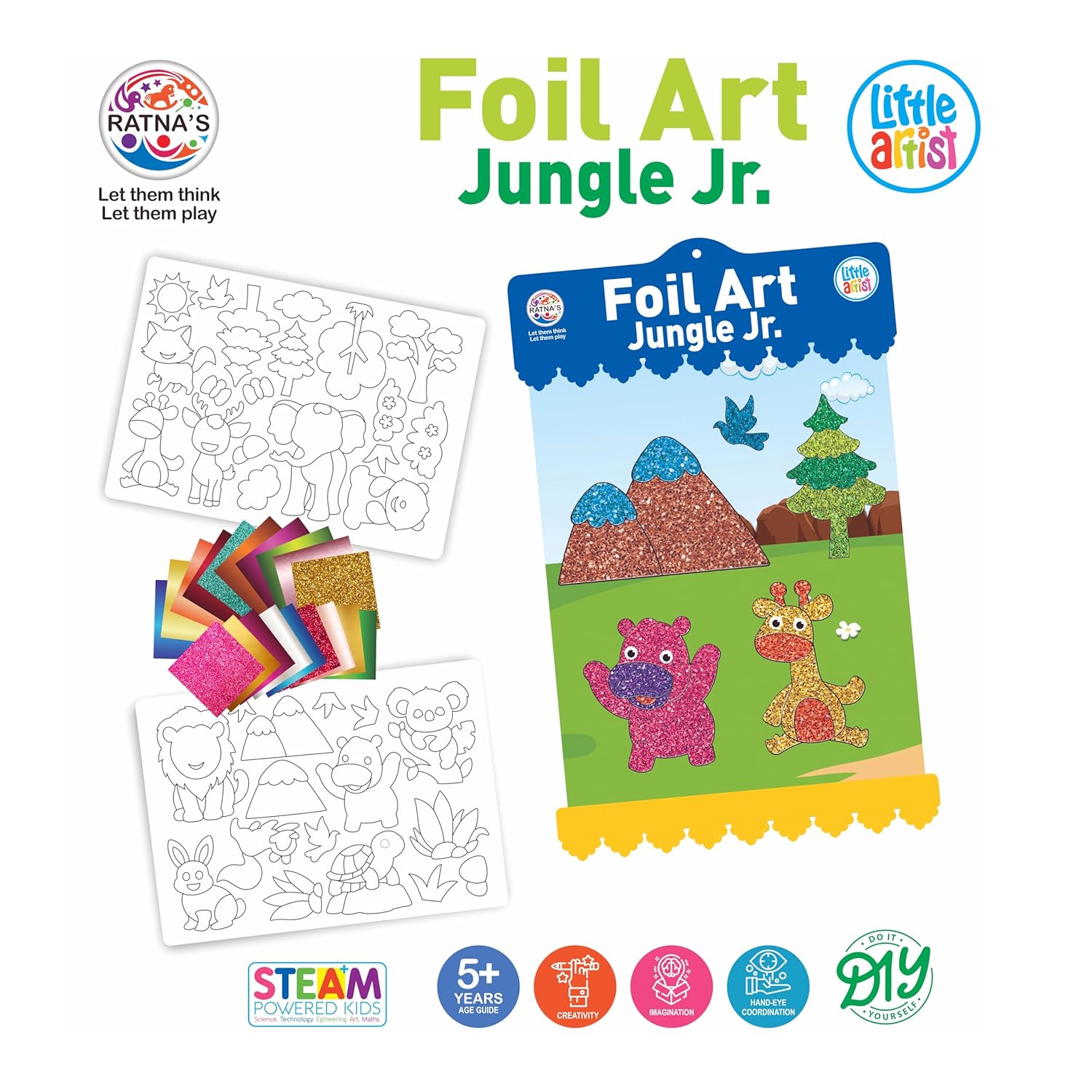 Ratna Foil Art Jungle Junior Craft Kit, STEAM Powered Art & Craft Kit, Foil Fun Mess Free Creative Activity DIY Kit for Kids