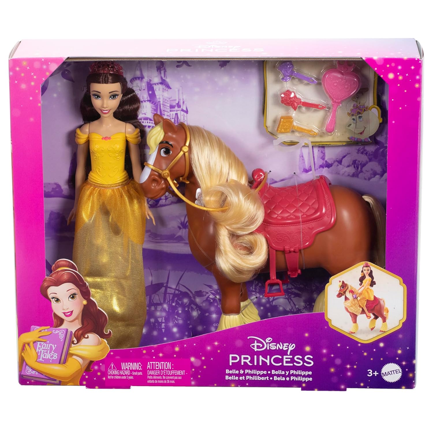 Mattel Disney Princess Toys, Belle Fashion Doll & Philippe Horse with Saddle, Brushable Mane & Tail & 4 Styling Accessories, Inspired by Movie