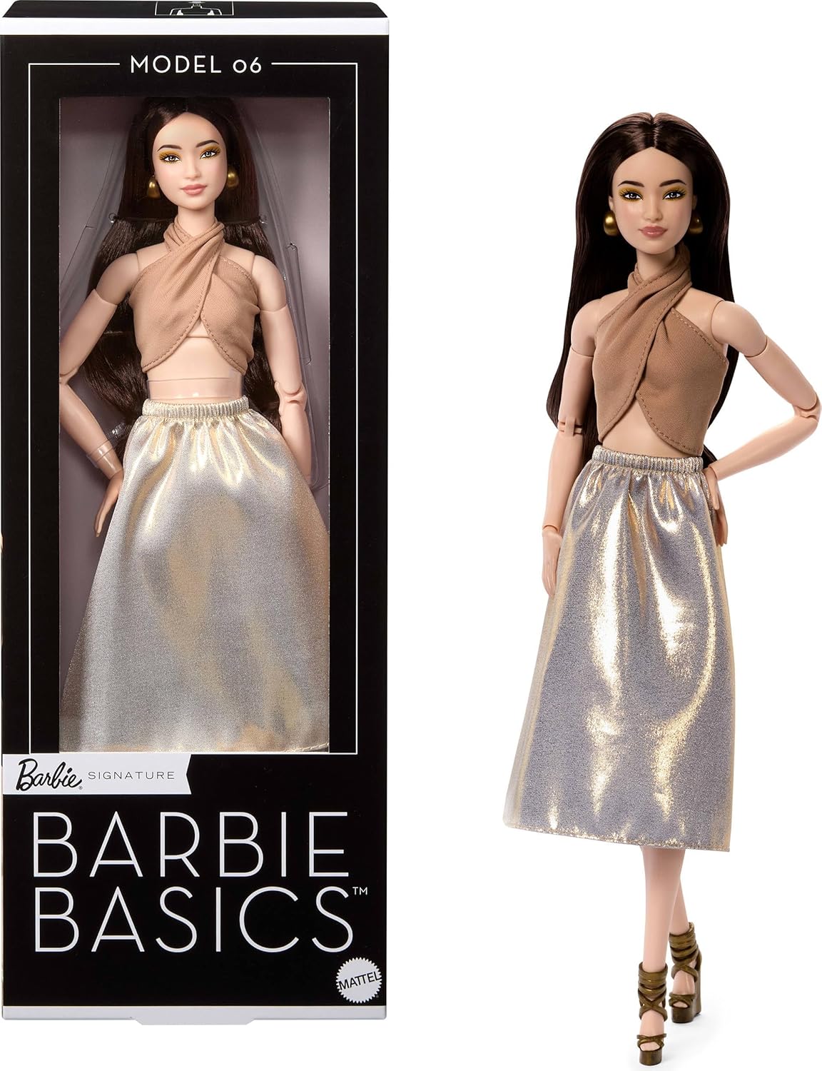 Barbie Basics Model Collector Fashion Doll 06 with Brunette Hair, Shimmery Golden Skirt & Halter, Universal-fit Fashions, Posable Body | Shimmery Golden Skirt & Halter, Universal-fit Fashions, Posable Body