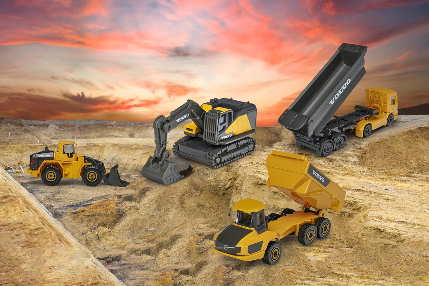 Majorette Volvo Construction Vehicle Toy Set – Excavator, Wheel Loader, Dump Truck, Articulated Hauler