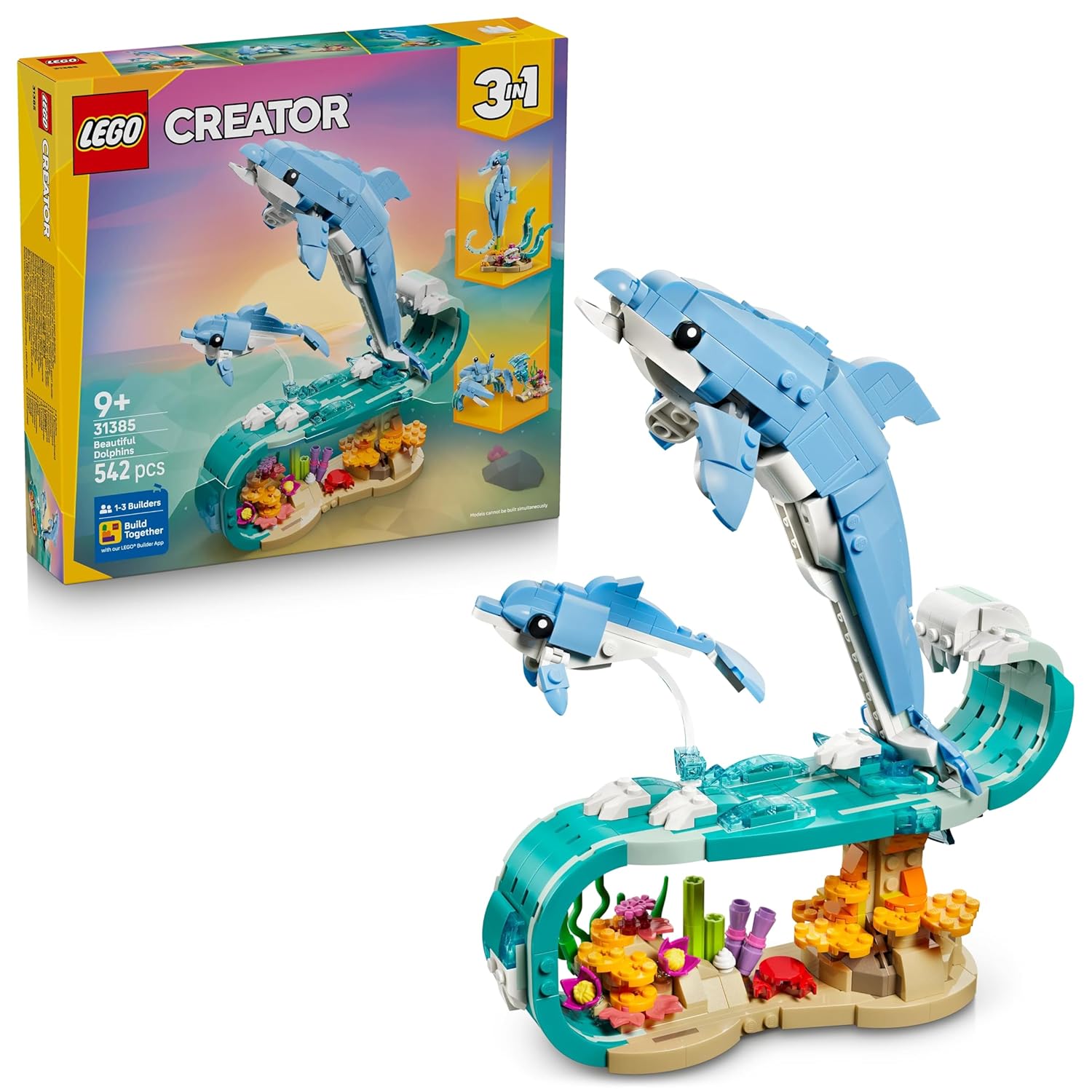 LEGO Creator 3 in 1 Sea Animals: Beautiful Dolphins Toys - Rebuilds into a Seahorse or Crab - 31385