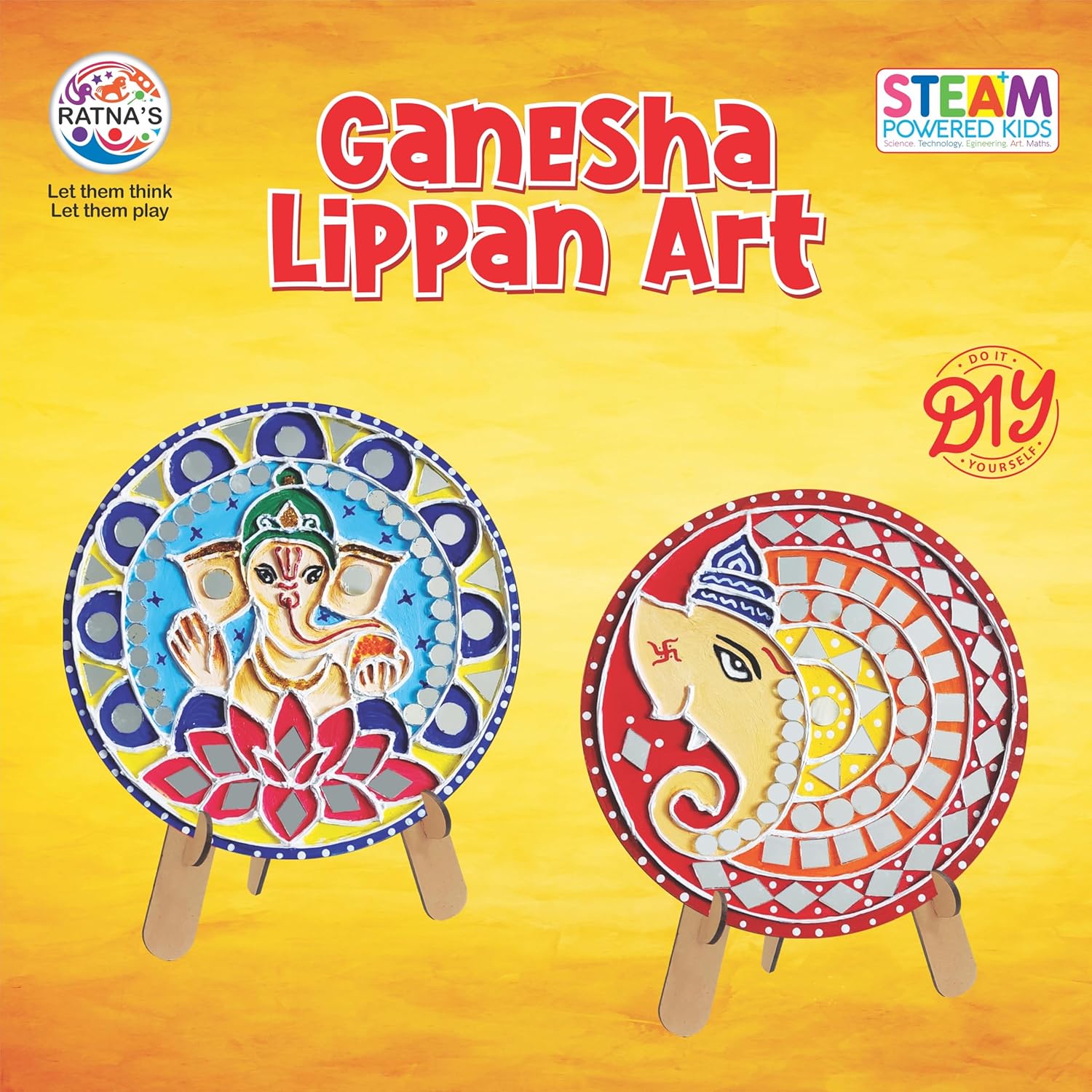 RATNA'S Ganesha Lippan Art DIY Craft Kit, 6 Wooden Art Pieces, Mirror Work Set with Colors, Frames, for Kids & Adults 7+ Years