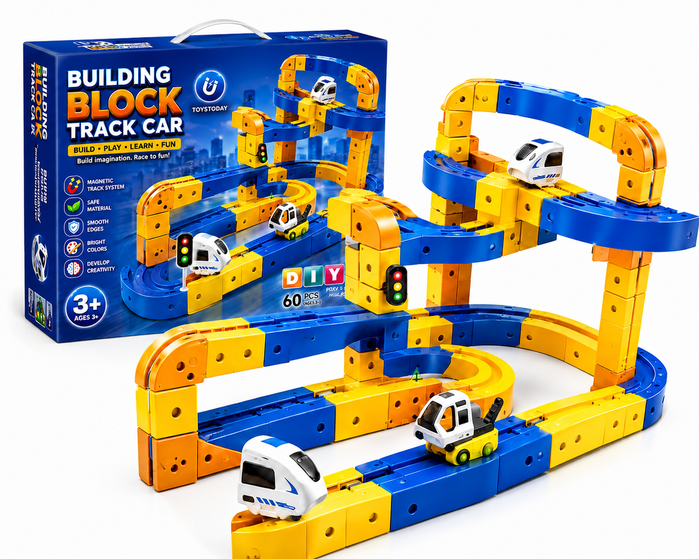 Magnetic Building Block 60pcs Track Car Set for Kids | DIY Construction Race Toy with Blocks & Electric Cars STEM Learning Educational toys for Kids (Copy)