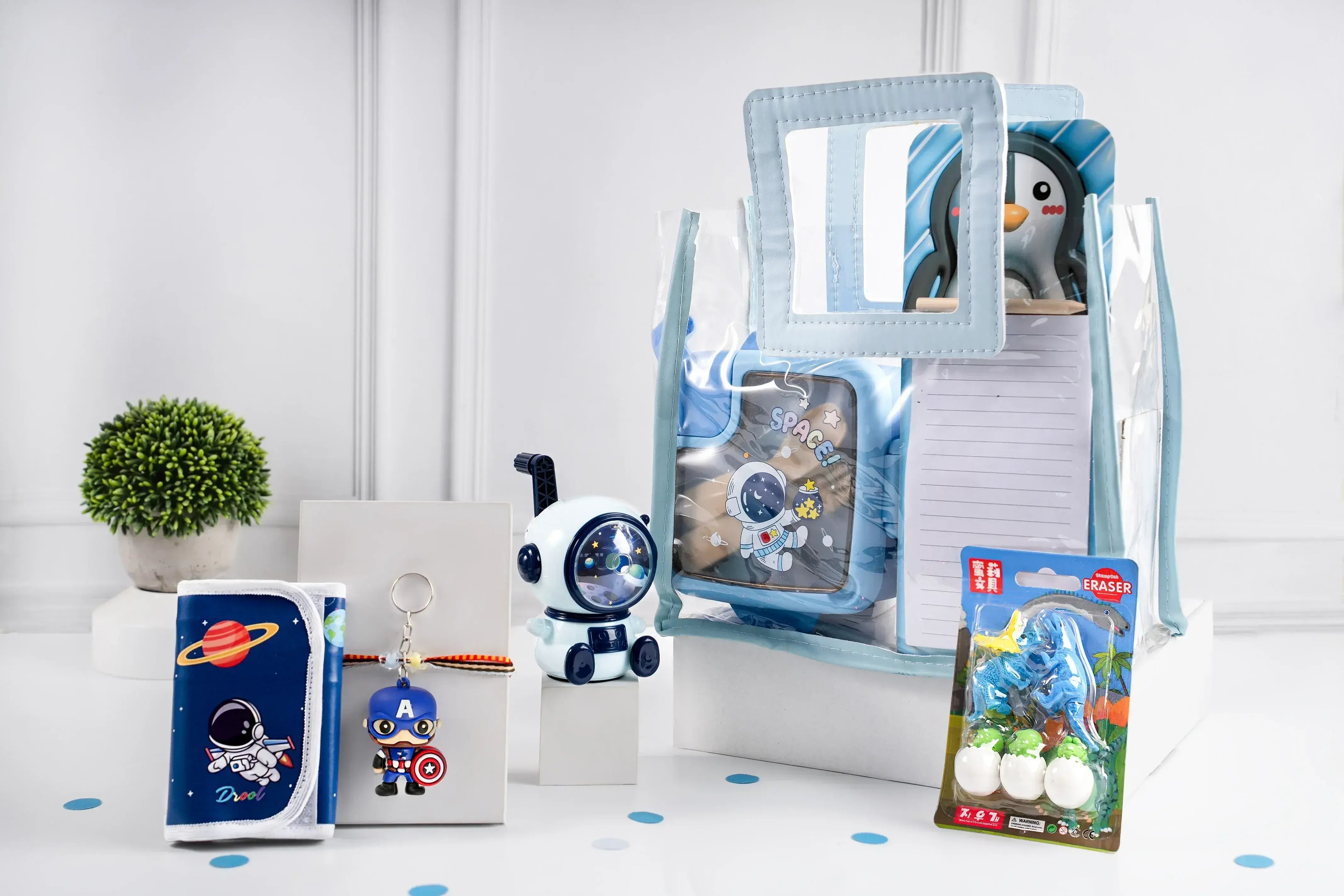 iLearnNGrow space gift hamper for kids with blue school bag, lunch box and stationery set