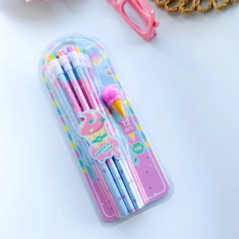 Cute 12-piece Pencil Set With Ice Cream Erasers And Rainbow Pb Pencils 