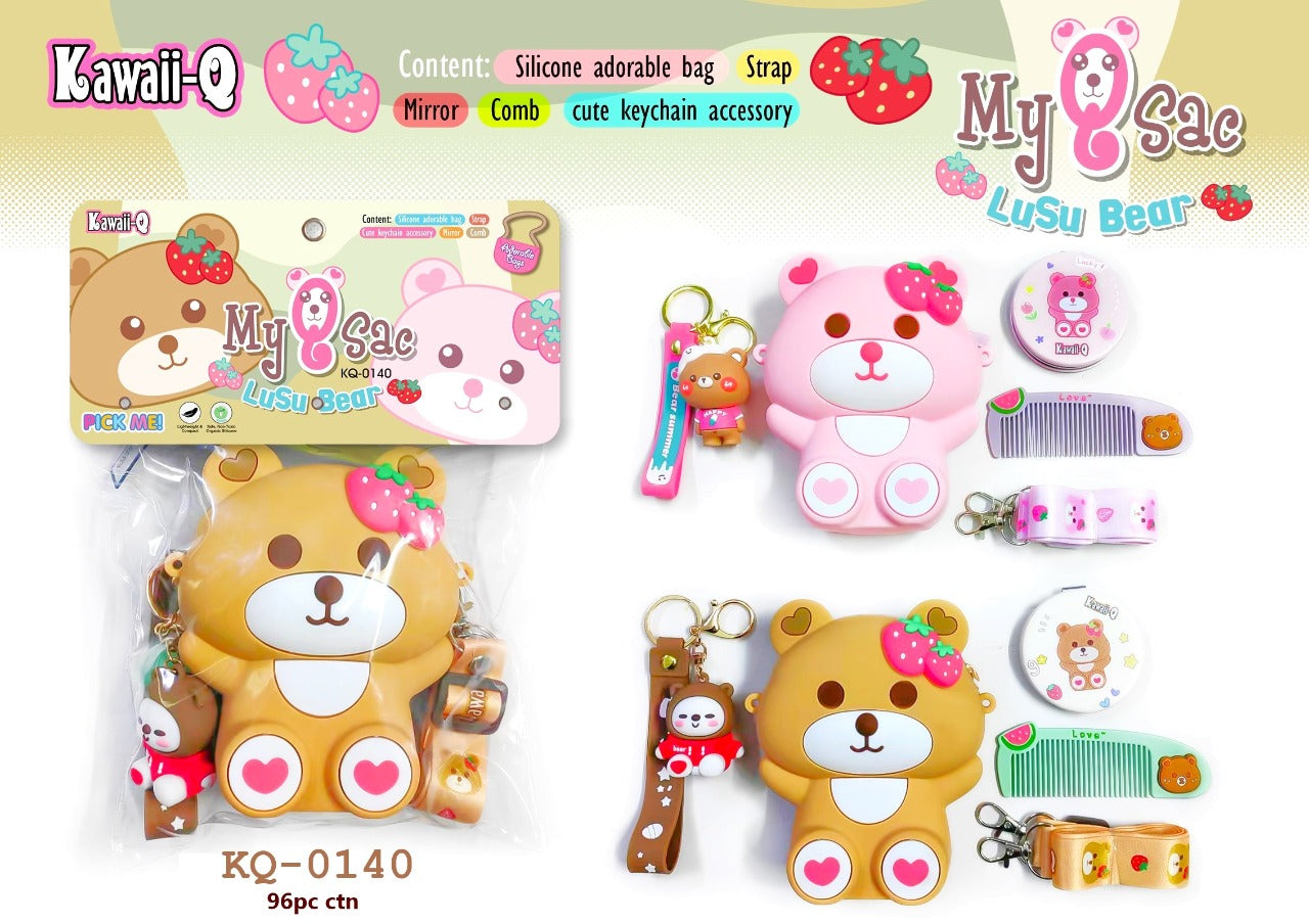Kawaii - Teddy Sling Bag with Key Ring Comb and Mirror for Kids - Multicolor