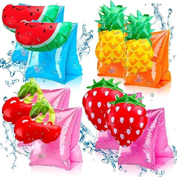 Colorful inflatable armbands for children shown poolside, designed to help kids float while swimming and learning in the water.