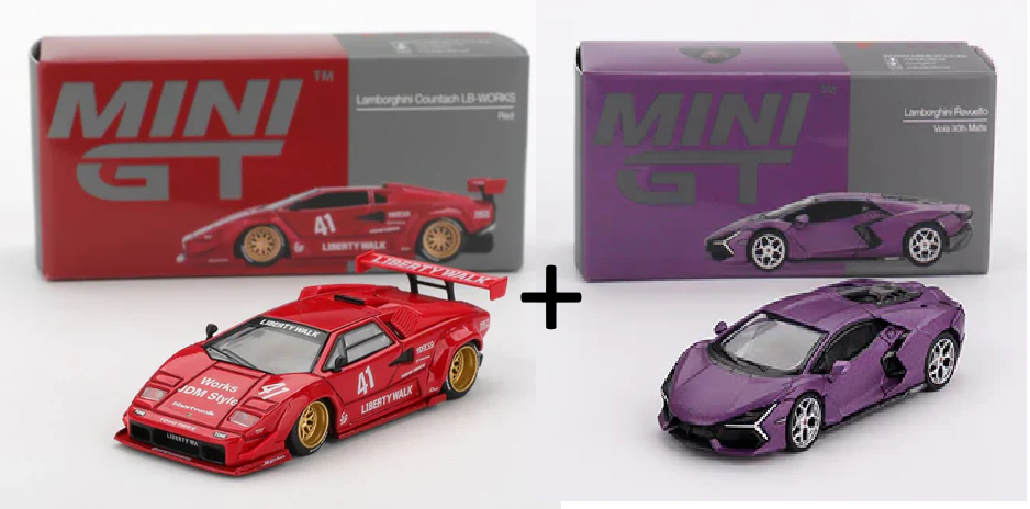 Mini GT 1100 & 1121- Lamborghini Revuelto & Lamborghini Countach - Pack of 2 Cars - Box Packing