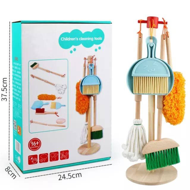 Wooden Cleaning Toy Set for Toddlers, 5 Piece Kids Cleaning Set Includes-Broom, Brush, Dustpan Mop Duster and Hanging Stand Housekeeping Kit