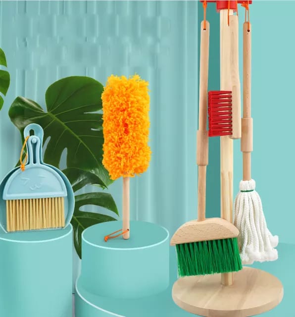 Wooden Cleaning Toy Set for Toddlers, 5 Piece Kids Cleaning Set Includes-Broom, Brush, Dustpan Mop Duster and Hanging Stand Housekeeping Kit