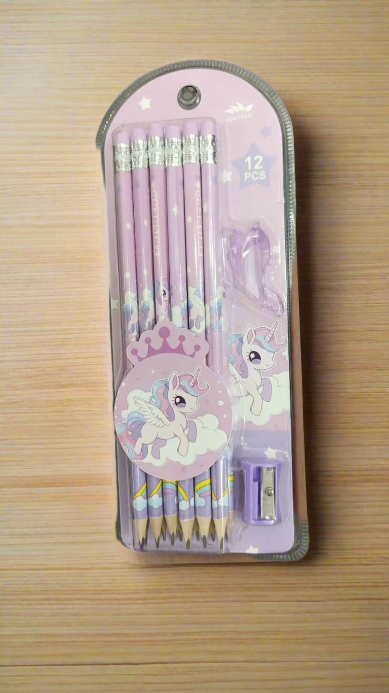 Little Stationery Set for kids 12 Pencil with Eraser, Sharpener & Pencil Cap - Multicolor