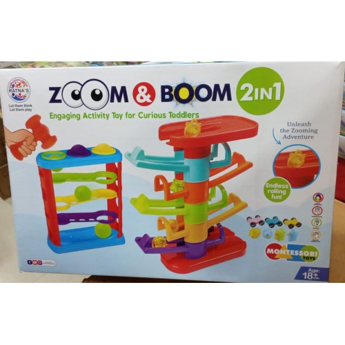 Ratna's 2 in 1 Zoom & Boom Track Car Ramp - 5 Layer Ball Drop & Roll Swirling Tower Toy Set
