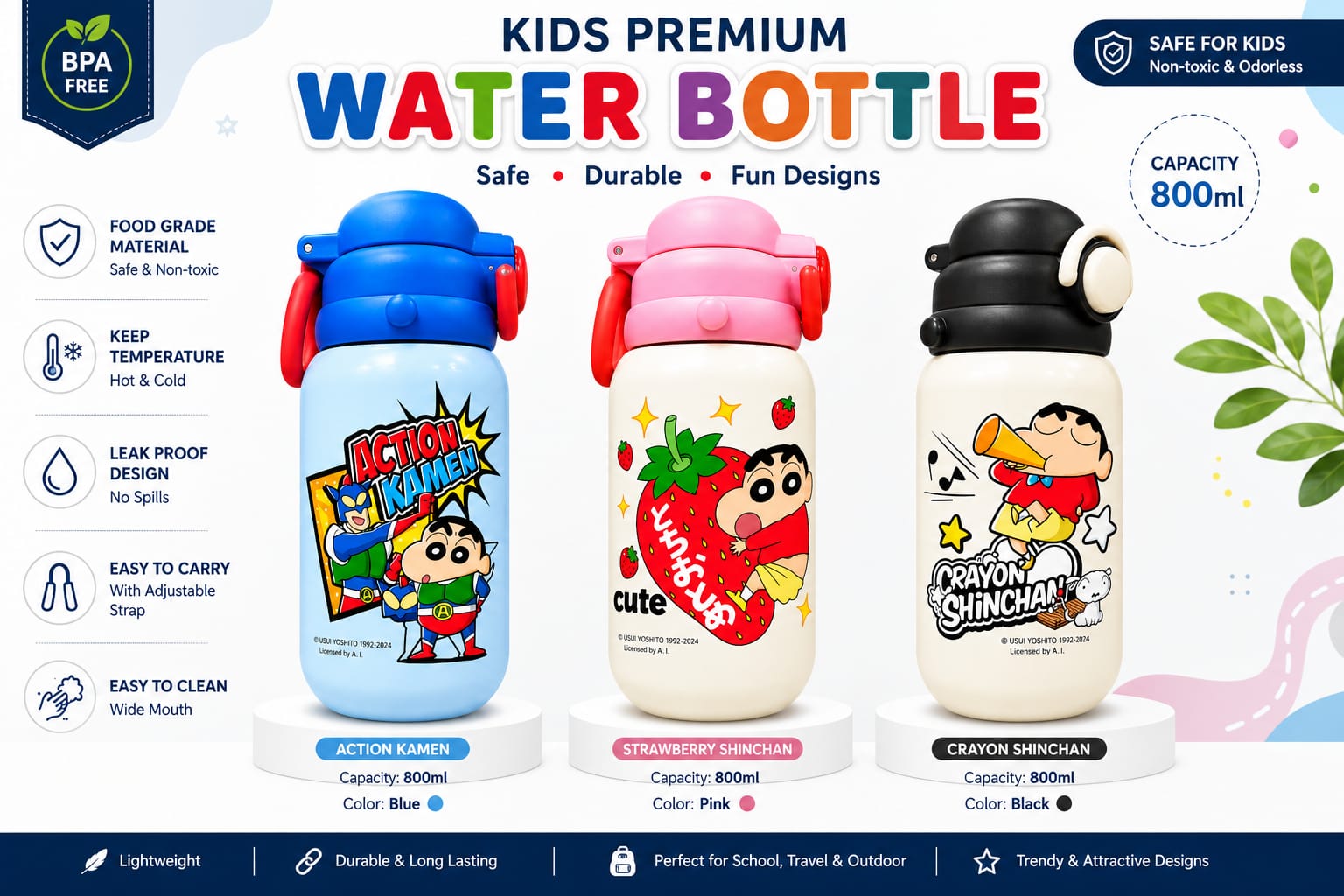 Cute Cartoon Themed Strew Sipper for Kids - 800ml - Color & Design May Vary