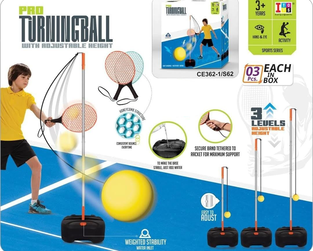 Children playing with a multicolored Itoys Turning Ball, which is mounted on a stand with adjustable height, on a blue surface.