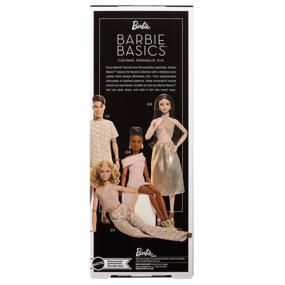 Barbie Basics Model Collector Fashion Doll 08 with Brunette Hair in Tan Dress & Strappy Heels, Universal-fit Fashions & Posable Body | Tan Dress, Strappy Heels, Universal-fit Fashions, Posable Body