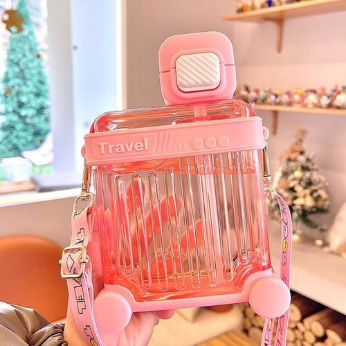 Water Bottle Large Capacity Straw Leakproof Portable Strap Adults Students Water Bottle Cup School Supplies(Pink)